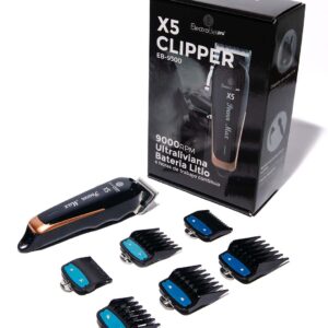 Kit profesional de barbería con la máquina cortadora ElectroBell Pro modelo Fusion EB-577 en color cobre metalizado. Se muestra la máquina junto a su set de 12 piezas que incluye peines guía, aceite, brocha de limpieza y peine de mano, todo frente a su empaque original negro y dorado que destaca 'Fusion Clipper' y '12 Piece Haircut Kit'.