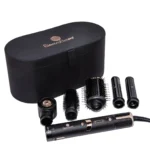 Empaque original del estilizador de cabello 5 en 1 Multi-Dryer EB-907 de ElectroBell Pro. La caja muestra el diseño del dispositivo en negro y rose gold junto a sus 5 accesorios técnicos. Se destacan sus funciones: 5 Accesorios, Voltaje Universal y Potencia de 1500W.