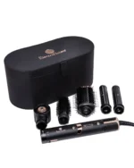 Empaque original del estilizador de cabello 5 en 1 Multi-Dryer EB-907 de ElectroBell Pro. La caja muestra el diseño del dispositivo en negro y rose gold junto a sus 5 accesorios técnicos. Se destacan sus funciones: 5 Accesorios, Voltaje Universal y Potencia de 1500W.