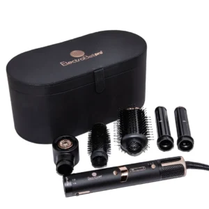 Empaque original del estilizador de cabello 5 en 1 Multi-Dryer EB-907 de ElectroBell Pro. La caja muestra el diseño del dispositivo en negro y rose gold junto a sus 5 accesorios técnicos. Se destacan sus funciones: 5 Accesorios, Voltaje Universal y Potencia de 1500W.