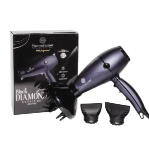 Secador de cabello profesional ElectroBell Pro modelo EB-8798 de la colección Black Diamond en color azul oscuro metalizado. El secador se muestra junto a sus accesorios: un difusor negro para colochos y dos boquillas concentradoras, al lado de su caja original negra donde se destacan los textos '100% Profesional', '1 Año de Garantía', '4000 Watts' y '40.000 RPM'.