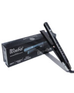 Plancha para cabello profesional ElectroBell Pro modelo Black Diamond. Se muestra la plancha abierta en color negro con detalles en plata, junto a su caja de lujo negra. En el empaque se destaca 'Recommended for Keratin Treatments', '480°F', 'Titanium Plates' y su función '2 in 1' para alisar y crear ondas.