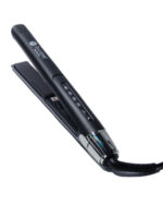 Plancha para cabello profesional ElectroBell Pro modelo Black Diamond. Se muestra la plancha abierta en color negro con detalles en plata, junto a su caja de lujo negra. En el empaque se destaca 'Recommended for Keratin Treatments', '480°F', 'Titanium Plates' y su función '2 in 1' para alisar y crear ondas.