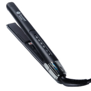 Plancha para cabello profesional ElectroBell Pro modelo Black Diamond. Se muestra la plancha abierta en color negro con detalles en plata, junto a su caja de lujo negra. En el empaque se destaca 'Recommended for Keratin Treatments', '480°F', 'Titanium Plates' y su función '2 in 1' para alisar y crear ondas.