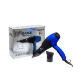 Secador de cabello profesional ElectroBell Pro modelo EB-001 Antishock. Se muestra el secador en color negro con cuerpo trasero en verde neón vibrante junto a su boquilla concentradora negra. Al fondo se aprecia su caja original gris y azul donde se destaca la frase 'Resistente a Golpes', '1 Año de Garantía', '40.000 RPM' y '4.000 W'.