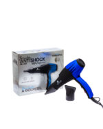 Secador de cabello profesional ElectroBell Pro modelo EB-001 Antishock. Se muestra el secador en color negro con cuerpo trasero en verde neón vibrante junto a su boquilla concentradora negra. Al fondo se aprecia su caja original gris y azul donde se destaca la frase 'Resistente a Golpes', '1 Año de Garantía', '40.000 RPM' y '4.000 W'.