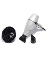 Secador de cabello profesional ElectroBell Pro de la colección Black Diamond en color blanco con detalles negros. El dispositivo se muestra junto a sus accesorios negros intercambiables (una boquilla concentradora y un difusor para colochos), posicionado frente a su empaque original negro de lujo donde se aprecian los detalles técnicos de potencia de 4000W y reducción de tiempo de secado.