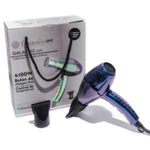 Secador de cabello profesional ElectroBell Pro de la colección Galactic en un llamativo color verde menta pastel con detalles cromados en la rejilla. El secador se muestra de perfil junto a su boquilla concentradora negra, posicionado frente a su empaque original de diseño moderno en color negro y azul oscuro donde se destacan los textos técnicos: '4000 Watts' y '40.000 RPM'.