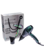 Secador de cabello profesional ElectroBell Pro de la colección Galactic en un llamativo color verde menta pastel con detalles cromados en la rejilla. El secador se muestra de perfil junto a su boquilla concentradora negra, posicionado frente a su empaque original de diseño moderno en color negro y azul oscuro donde se destacan los textos técnicos: '4000 Watts' y '40.000 RPM'.