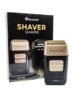 Rasuradora eléctrica profesional de doble lámina marca ElectroBell Pro modelo EB-533 Shaper en color negro con mallas protectoras doradas. Se muestra la herramienta de frente junto a su caja original negra y dorada de la línea Professional Beauty Tools, destacando su diseño ergonómico y compacto para acabados de barbería.