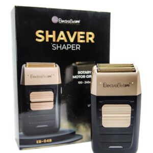 Rasuradora eléctrica profesional de doble lámina marca ElectroBell Pro modelo EB-533 Shaper en color negro con mallas protectoras doradas. Se muestra la herramienta de frente junto a su caja original negra y dorada de la línea Professional Beauty Tools, destacando su diseño ergonómico y compacto para acabados de barbería.