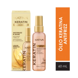 Frasco y caja de óleo capilar Kativa Keratin Antifrizz y Brillo con keratina líquida vegana de 60 ml.