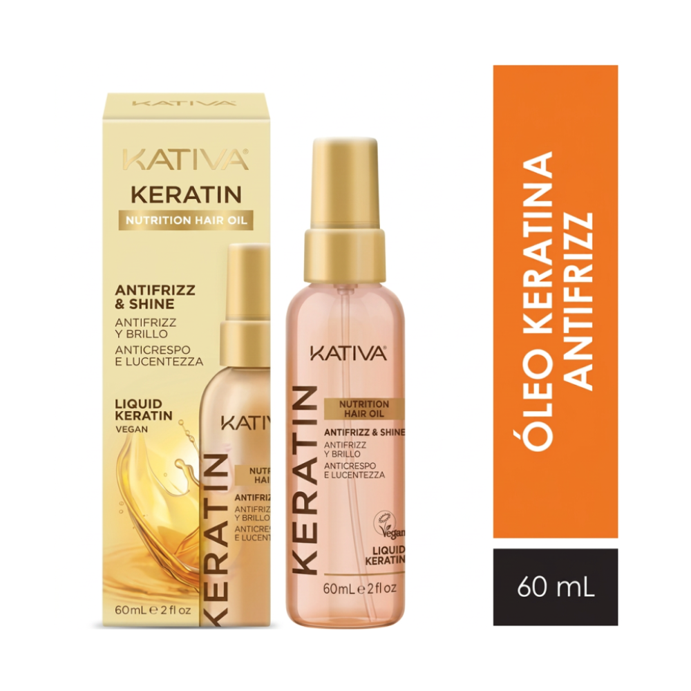kativa-keratin-oleo-antifrizz-brillo-60ml.jpg Frasco y caja de óleo capilar Kativa Keratin Antifrizz y Brillo con keratina líquida vegana de 60 ml.