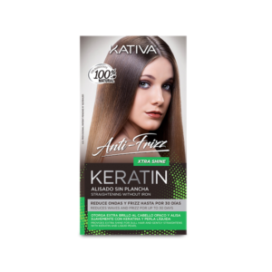 Caja de Kit Kativa Keratin Alisado sin Plancha Xtra Shine anti-frizz con perla líquida para cabello opaco.