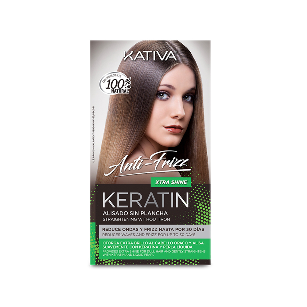 kativa-alisado-sin-plancha-xtra-shine-perla-liquida.jpg Caja de Kit Kativa Keratin Alisado sin Plancha Xtra Shine anti-frizz con perla líquida para cabello opaco.