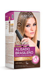 Caja de Kit de Alisado Brasileño Kativa Blonde sin formol para cabello claro o rubio con keratina vegetal.