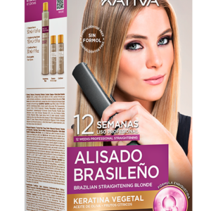 Caja de Kit de Alisado Brasileño Kativa Blonde sin formol para cabello claro o rubio con keratina vegetal.