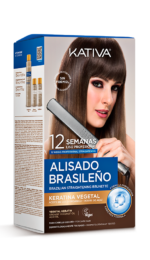 Caja de Kit de Alisado Brasileño Kativa Brunette sin formol para cabello oscuro con keratina vegetal.