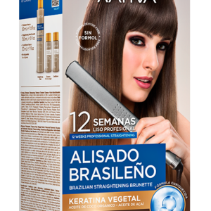 Caja de Kit de Alisado Brasileño Kativa Brunette sin formol para cabello oscuro con keratina vegetal.