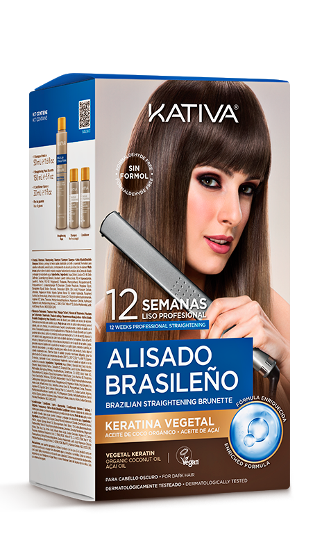 kativa-alisado-brasileno-brunette-sin-formol.png Caja de Kit de Alisado Brasileño Kativa Brunette sin formol para cabello oscuro con keratina vegetal.