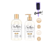 Kit de cuidado capilar Shea Moisture 100% Virgin Coconut Oil Daily Hydration que incluye dos envases blancos con tapas doradas (Champú y Acondicionador en formato dosificador) junto a un cepillo morado con la palabra Gratis. A la derecha se muestran sellos dorados que certifican: 100% Sulfate Free, Cruelty Free, 100% Vegan y Paraben Free