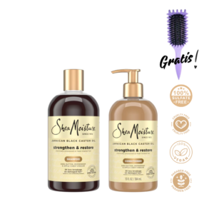 Combo Shea Moisture Jamaican Black Castor Oil Strengthen & Restore con dos botellas de color ámbar oscuro y etiquetas doradas (Shampoo tradicional y Conditioner con válvula dosificadora). En la esquina superior derecha se muestra un cepillo morado con la etiqueta Gratis en texto negro. Incluye logotipos dorados que indican libre de sulfatos, vegano, libre de crueldad y libre de parabenos.