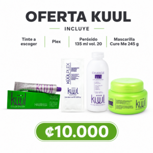 Combo Kit Oferta Küül con tinte a escoger, peróxido, Küülplex, crema alisadora Xiomara y mascarilla Cure Me de 245g por 15000 colones.