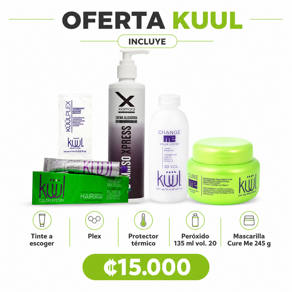 oferta-kit-kuul-tinte-peroxido-mascarilla-protector-termico.jpg Combo Kit Oferta Küül con tinte a escoger, peróxido, Küülplex, crema alisadora Xiomara y mascarilla Cure Me de 245g por 15000 colones.