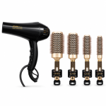 Kit secadora profesional 4500W luz azul + 4 cepillos térmicos LUSO. Resultado de salón en casa. Solo ₡35.000. Envío a todo Costa Rica.