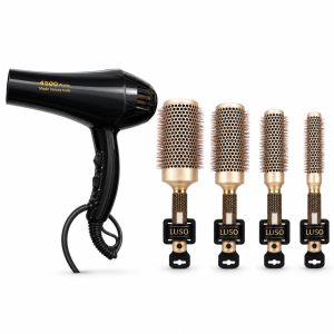 Kit secadora profesional 4500W luz azul + 4 cepillos térmicos LUSO. Resultado de salón en casa. Solo ₡35.000. Envío a todo Costa Rica.