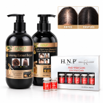 Kit anticaída H.N.P con shampoo anticaída, mascarilla de ginseng y ampollas elixir anticaída, con comparación de cabello antes y después