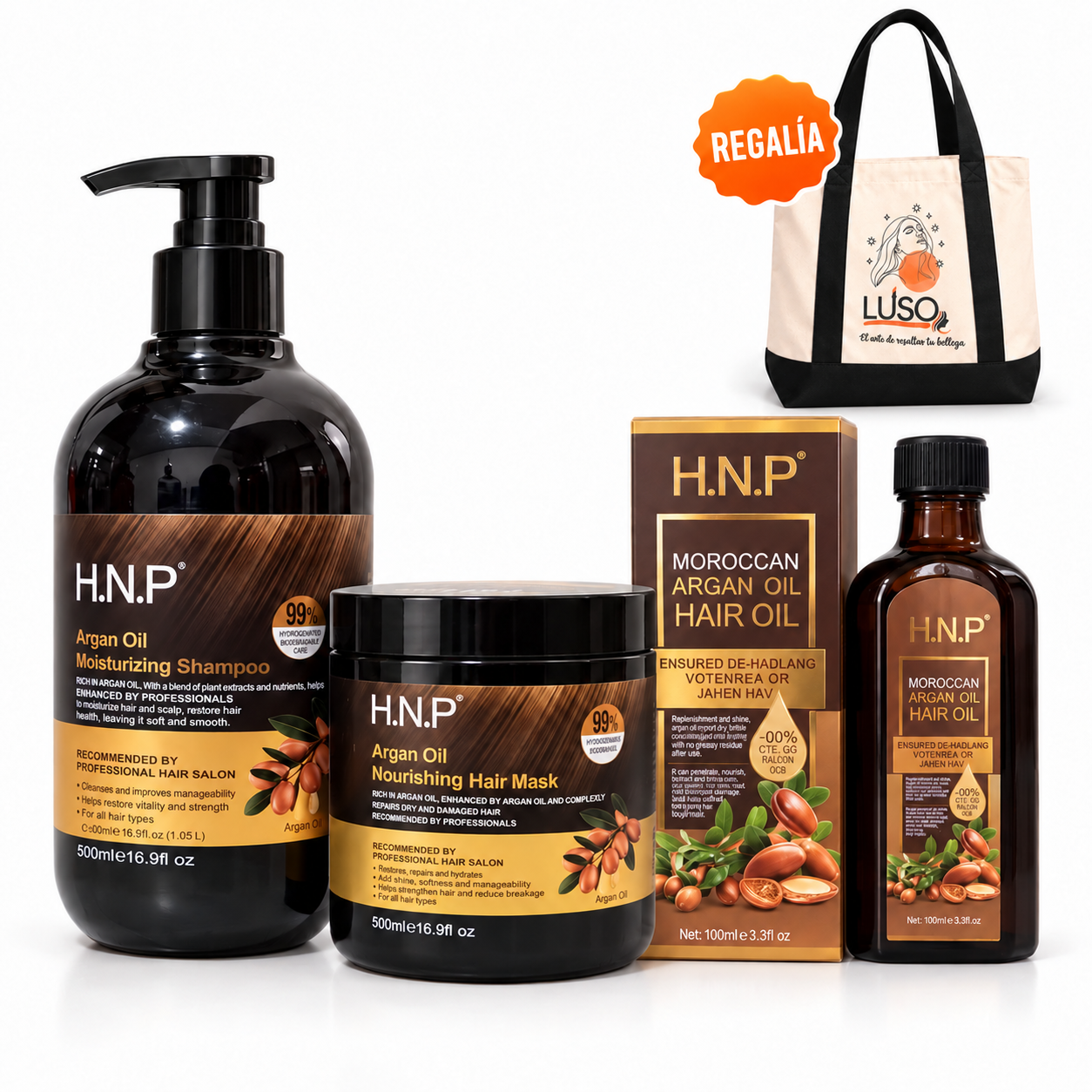 Kit Aceite de Argán H.N.P + Bolso LUSO de Regalo – LUSO Belleza y Más Kit de aceite de argán H.N.P con shampoo hidratante, mascarilla nutritiva y aceite de argán marroquí, con bolso LUSO de regalo