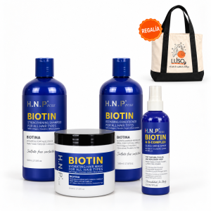 Kit de biotina H.N.P Plus sin sulfatos con shampoo fortalecedor, acondicionador reparador, mascarilla hidratante y spray de brillo, con bolso LUSO de regalo