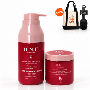 Kit H.N.P Professional sin sulfatos con champú todo en uno de 650 ml y mascarilla de superfruta 10 en 1 de 455 ml, con bolso LUSO y cepillo LUSO gratis
