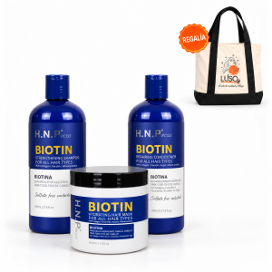 Kit de biotina H.N.P Plus sin sulfatos con shampoo fortalecedor, acondicionador reparador y mascarilla hidratante de 500 ml, con bolso LUSO de regalo